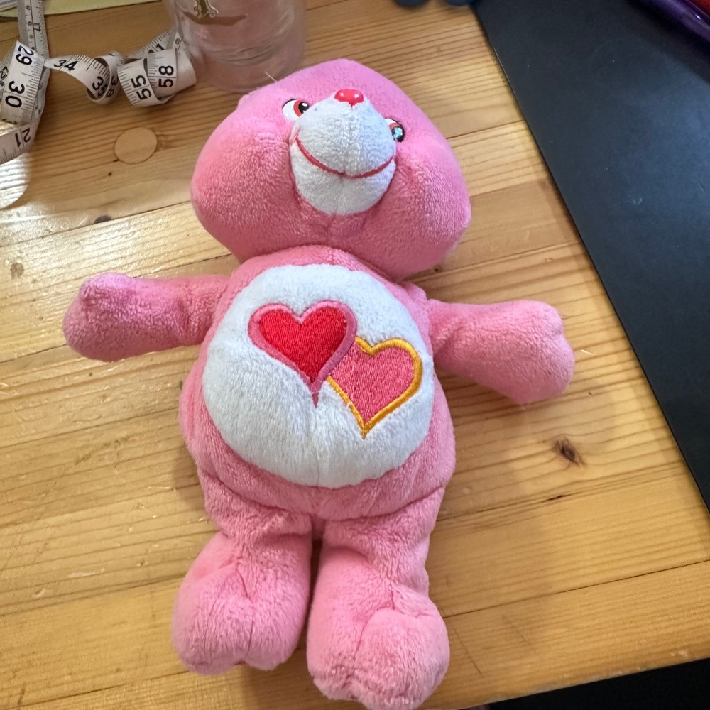 Care Bears Love-a-Lot Bear Pink Plush Stuffed Animal Heart Belly Badge 8 Inch